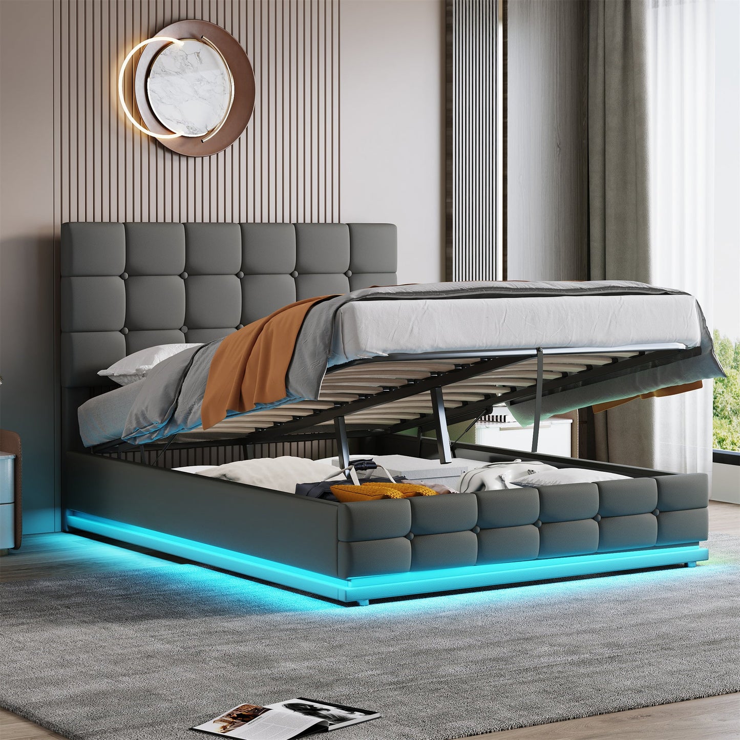 Ottoman Double Bed with LED Lights & Storage Grey PU Leather Frame Smart App