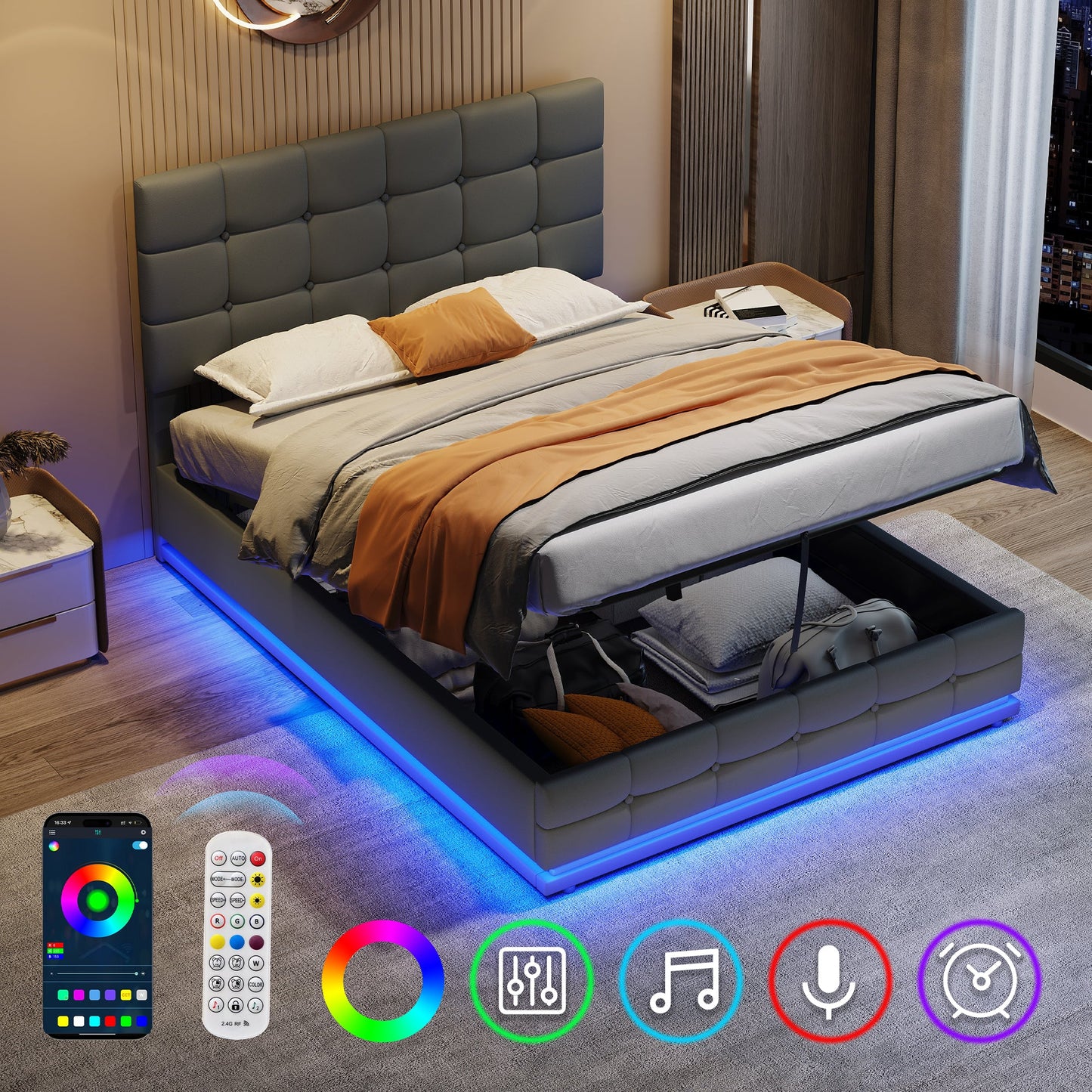 Ottoman Double Bed with LED Lights & Storage Grey PU Leather Frame Smart App