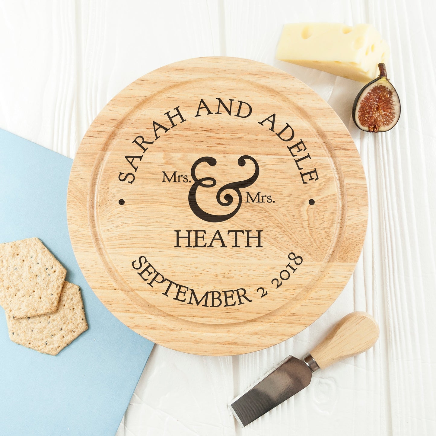 Personalised Couples Romantic Round Cheese Board with Knives