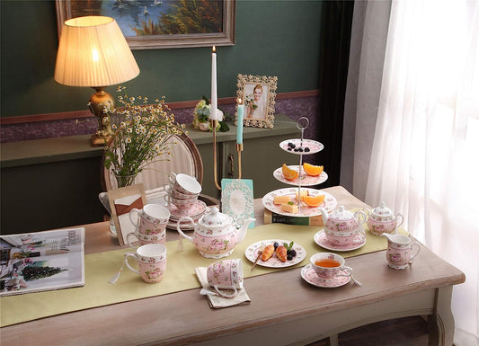 Mothers Day CoronationFamily Party Set Special 3 Tier Cake Stand Teapot Milk Jug 2 Cups 2 Saucers (Blue/ Pink)