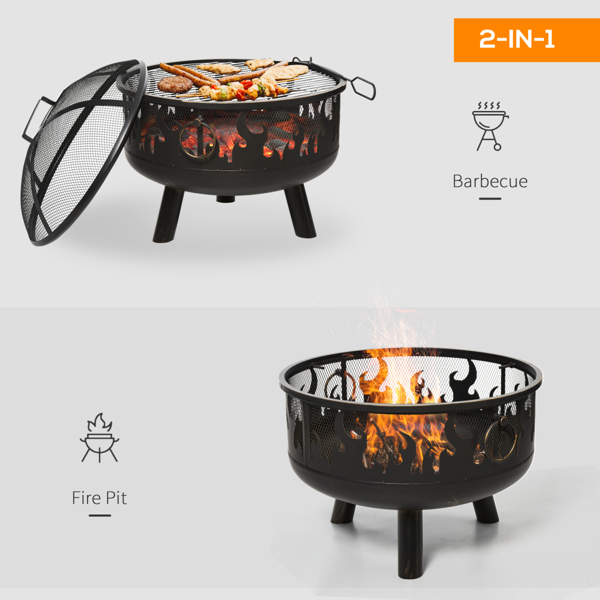 Outsunny 61.5cm 2-In-1 Outdoor Fire Pit & Firewood BBQ Garden Cooker Heater