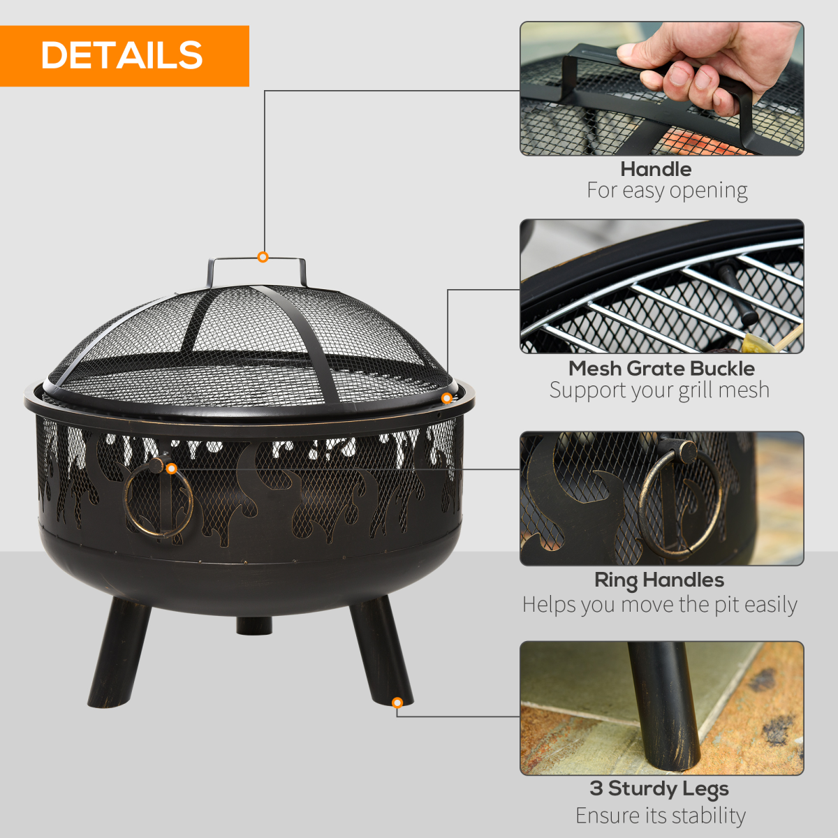 Outsunny 61.5cm 2-In-1 Outdoor Fire Pit & Firewood BBQ Garden Cooker Heater