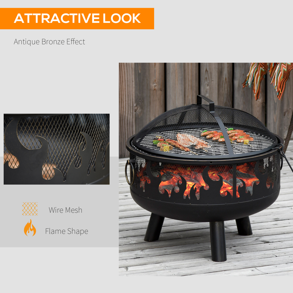 Outsunny 61.5cm 2-In-1 Outdoor Fire Pit & Firewood BBQ Garden Cooker Heater