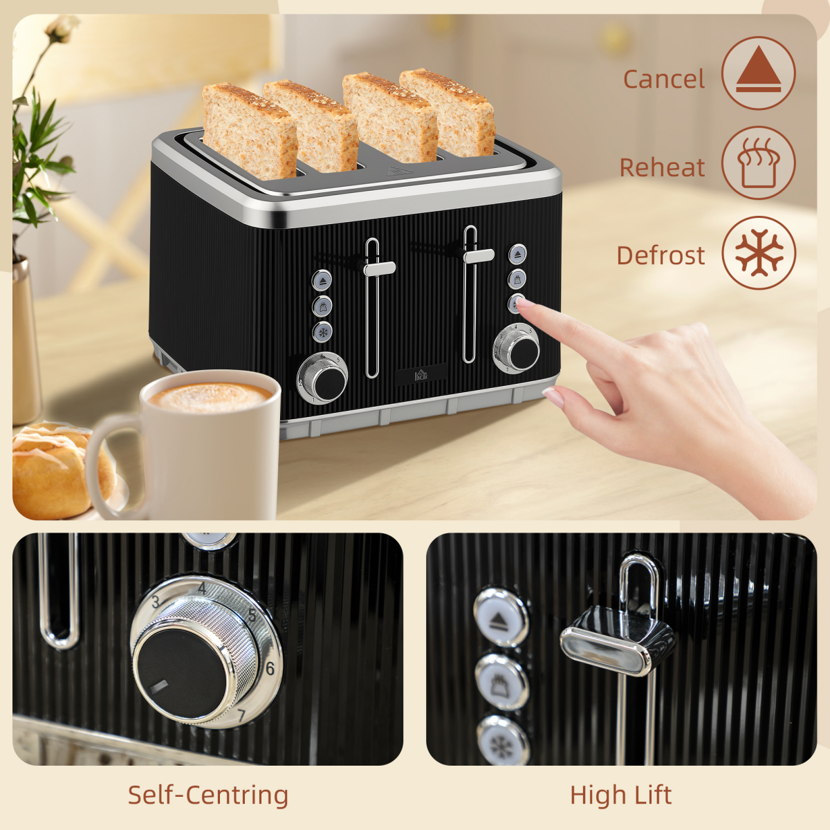 HOMCOM 1.7L 3000W Rapid Boil Kettle and 4 Slice Toaster Set Crumb Tray Black