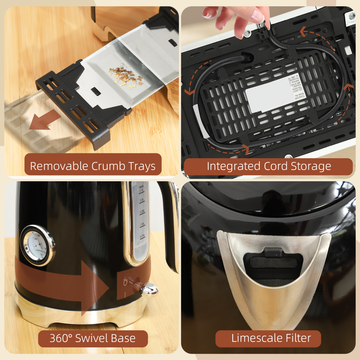 HOMCOM Kettle and Toaster Set with Temperature Gauge, Crumb Tray