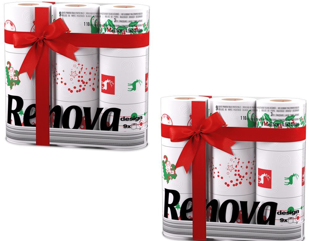 Renova 9 / 18 / 27 / 36 / 45 White Print 2 Ply Xmas Toilet Tissue Rolls
