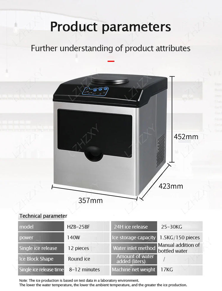 Commercial Ice Machine 25KG Desktop Multifunctional Bucket of Water Automatic Ice Machine Bullet-shaped Round Ice Home Appliance