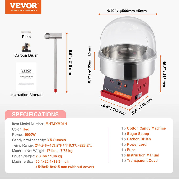 VEVOR Electric Cotton Candy Machine 1000W Candy Floss Maker Commercial Cotton Candy Machine Stainless Steel Bowl and Sugar Scoop