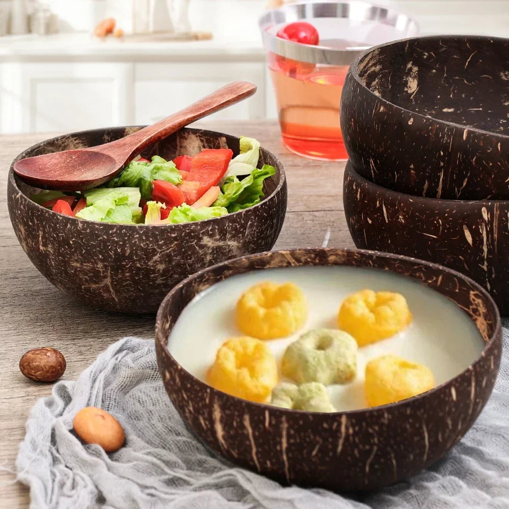Natural Coconut Bowls And Wooden Spoon Sets Reusable Coconut Shell Bowls For Dessert Yogurt Fruit Salad Kitchen Tableware