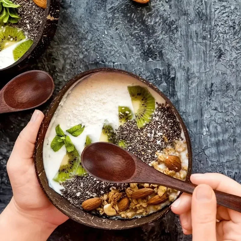 Natural Coconut Bowls And Wooden Spoon Sets Reusable Coconut Shell Bowls For Dessert Yogurt Fruit Salad Kitchen Tableware