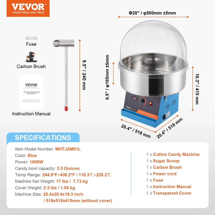 VEVOR Electric Cotton Candy Machine 1000W Candy Floss Maker Commercial Cotton Candy Machine Stainless Steel Bowl and Sugar Scoop