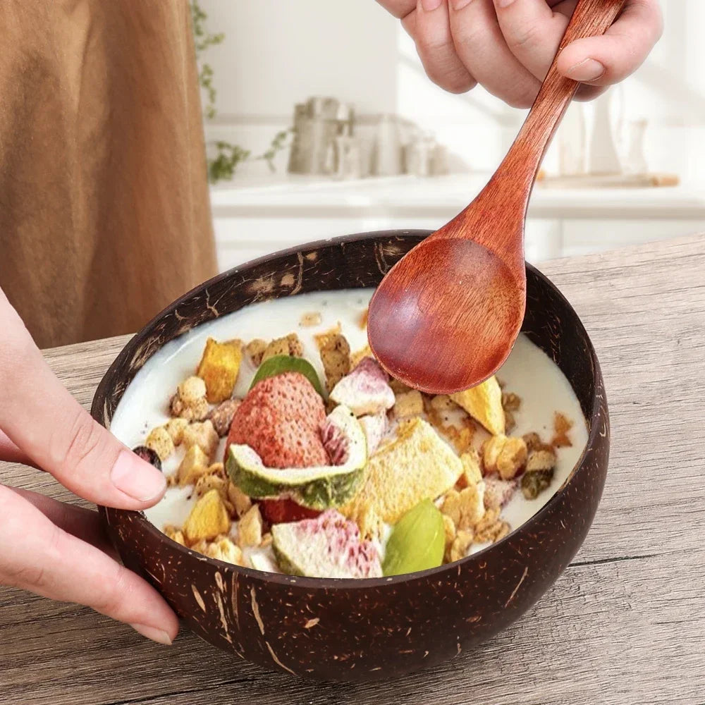 Natural Coconut Bowls And Wooden Spoon Sets Reusable Coconut Shell Bowls For Dessert Yogurt Fruit Salad Kitchen Tableware