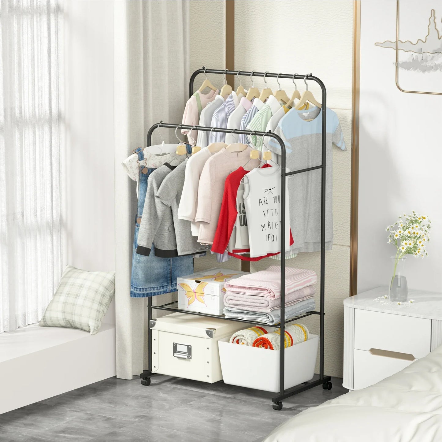 1.5m Large Clothes Rack Double Rail Rolling Stand Shoes Rack Storage Shelf White