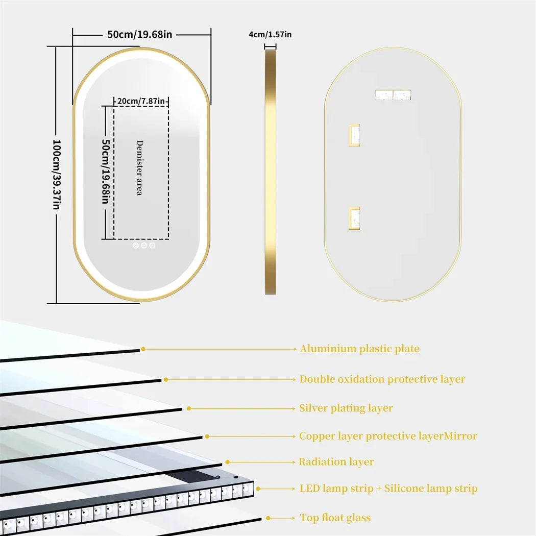 LUVODI Luxury Oval Led Illuminated Bathroom Mirror Gold Aluminum Frame with Demister Pad