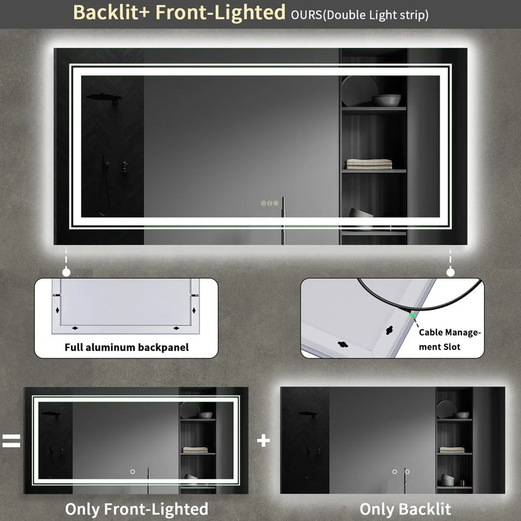 Jumbo-Large Illuminated LED Bathroom Mirror, Front and Backlit Lights, Wall Mounted, Touch Anti-fog Vanity Mirror