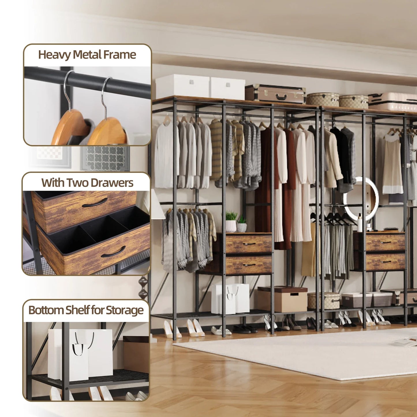 Industrial Coat Rack Stand, Open Wardrobe, Clothes Rail with 2 Drawer and Shelves, Bedroom Storage, Hanging Bar, XXL