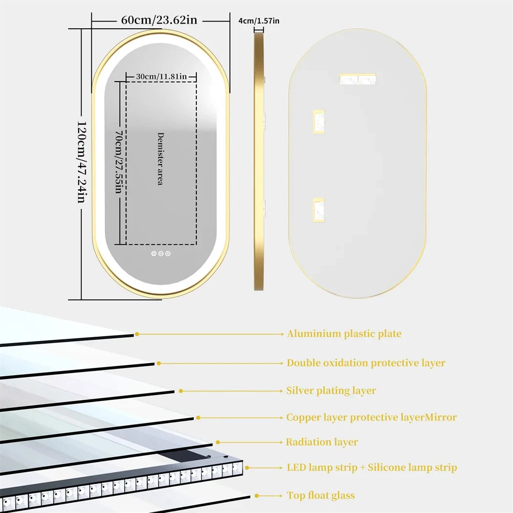 LUVODI Luxury Oval Led Illuminated Bathroom Mirror Gold Aluminum Frame with Demister Pad