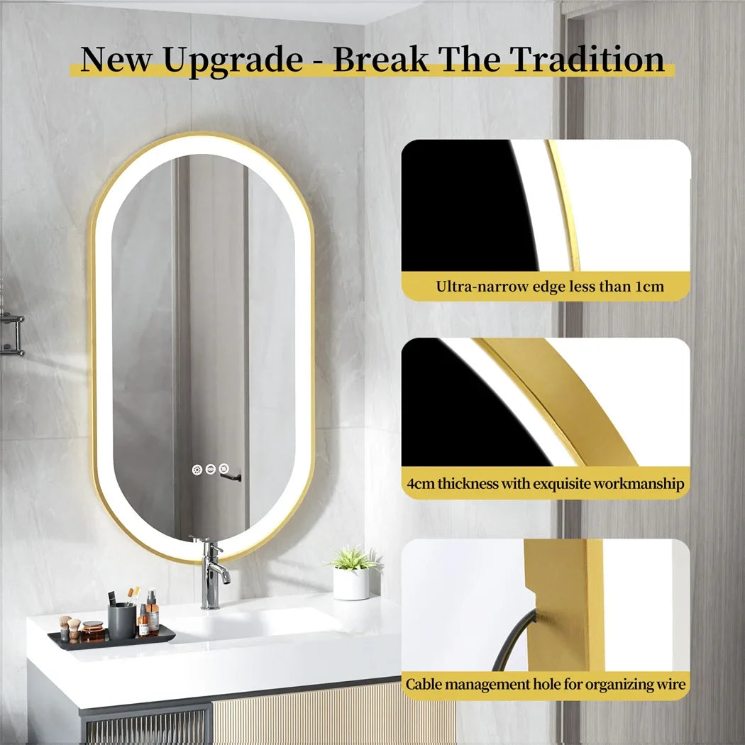 LUVODI Luxury Oval Led Illuminated Bathroom Mirror Gold Aluminum Frame with Demister Pad