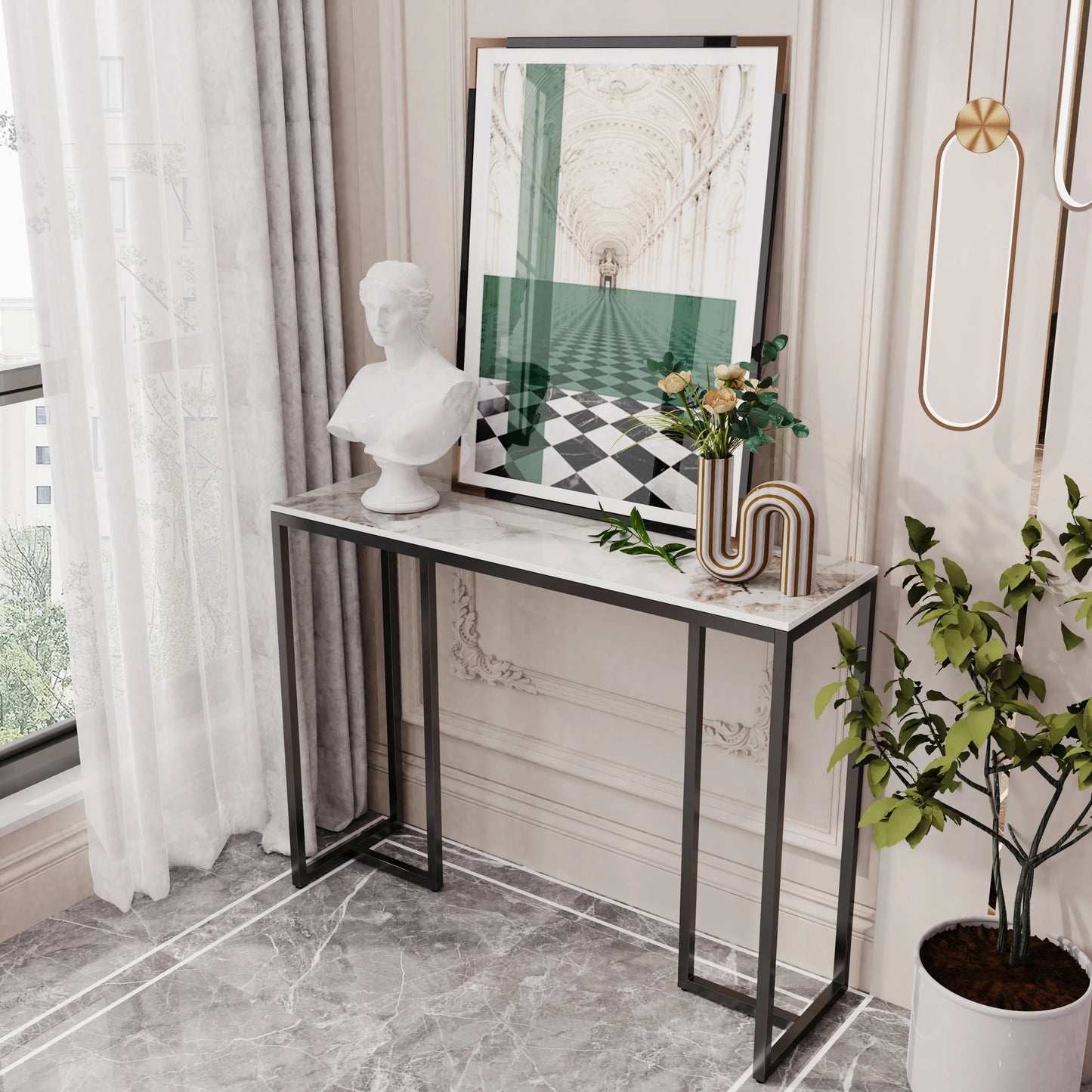 Marble Console Table Modern Accent Side Stand Sofa Entryway Hall Furniture Storage Display Table Metal Frame