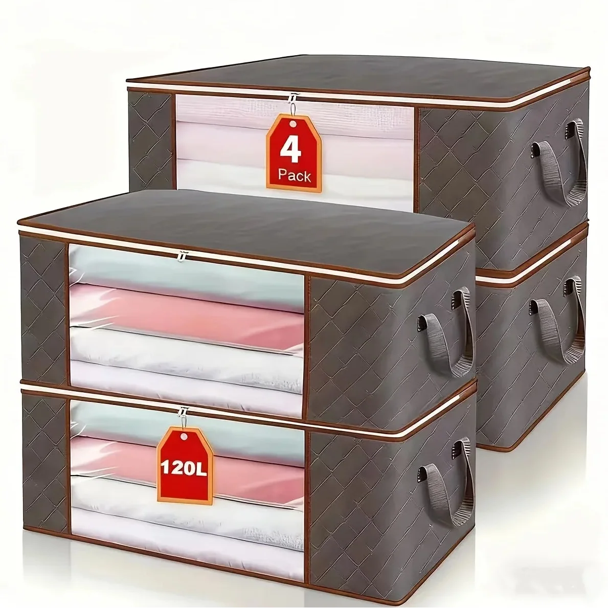 Set of 4 Extra Large Foldable Clothes Storage Bags 120L Grey Organisers Box Zip