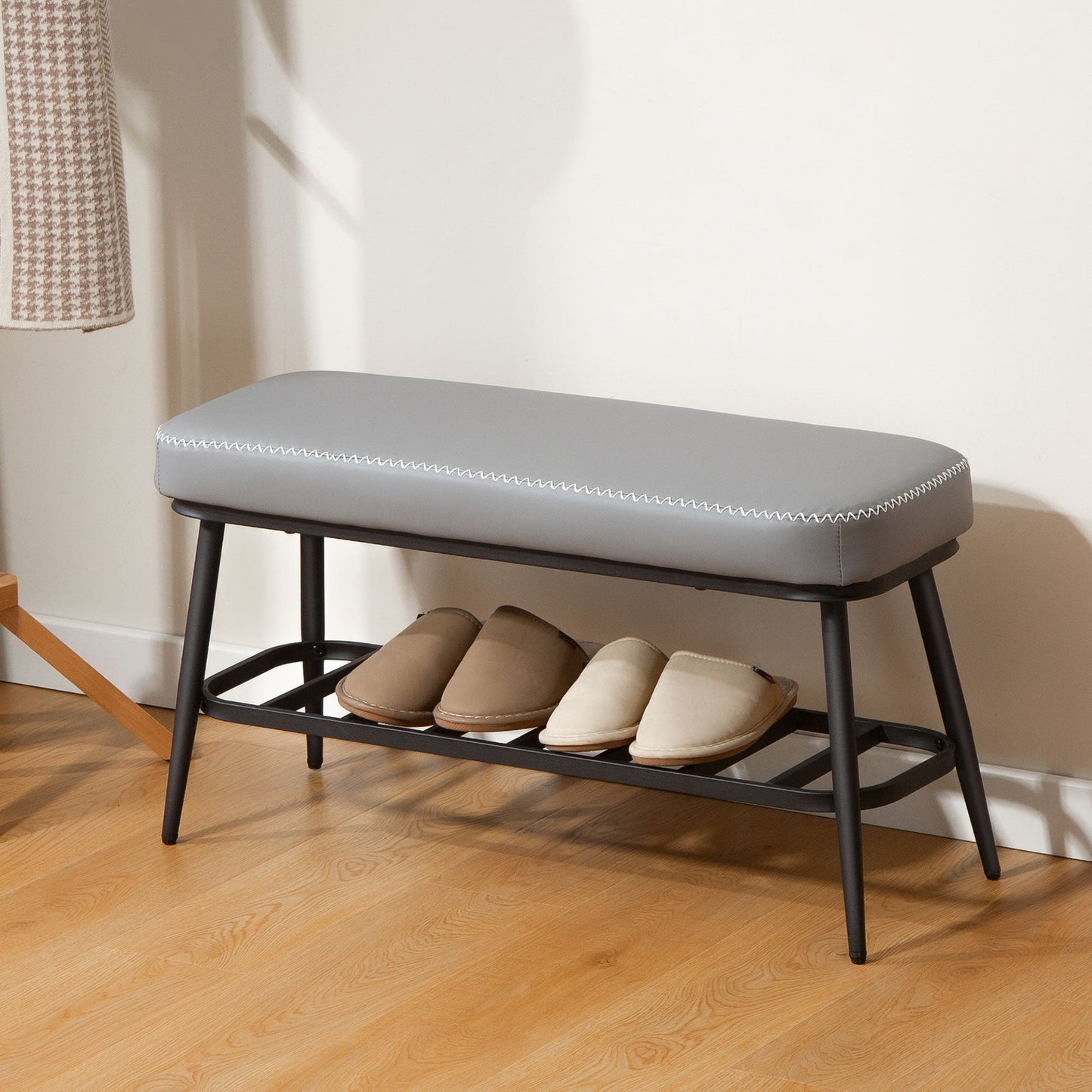 Grey Shoe Storage Bench PU Leather Seat Cabinet Hallway Organiser