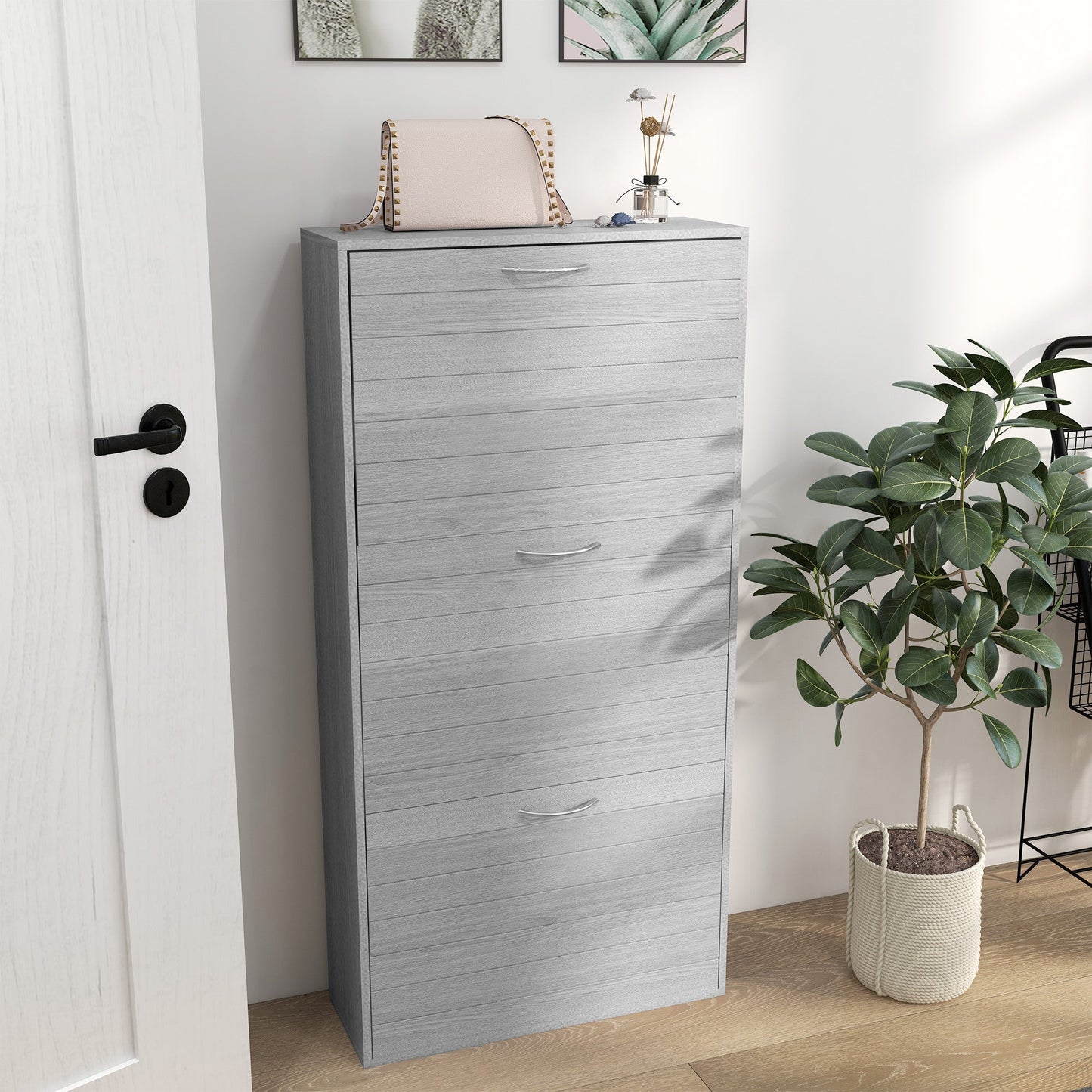 Slim Shoe Cabinet Grey Wood Effect 3 Flip Drawers 12 Pair Shoes Storage Rack