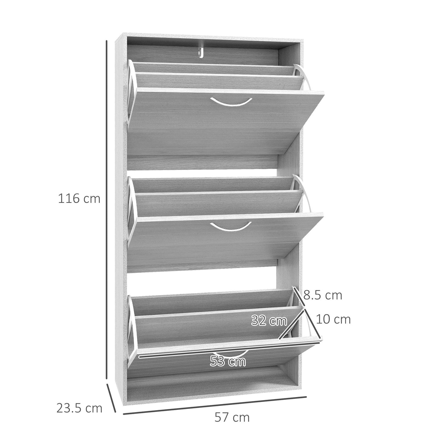Slim Shoe Cabinet Grey Wood Effect 3 Flip Drawers 12 Pair Shoes Storage Rack