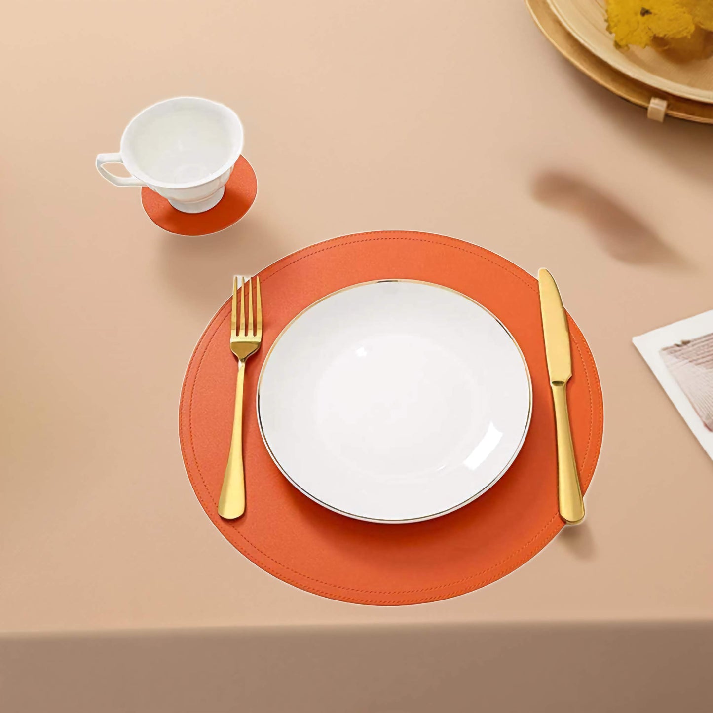 Leather Placemat and Coaster Set | Orange Dining Table Mats