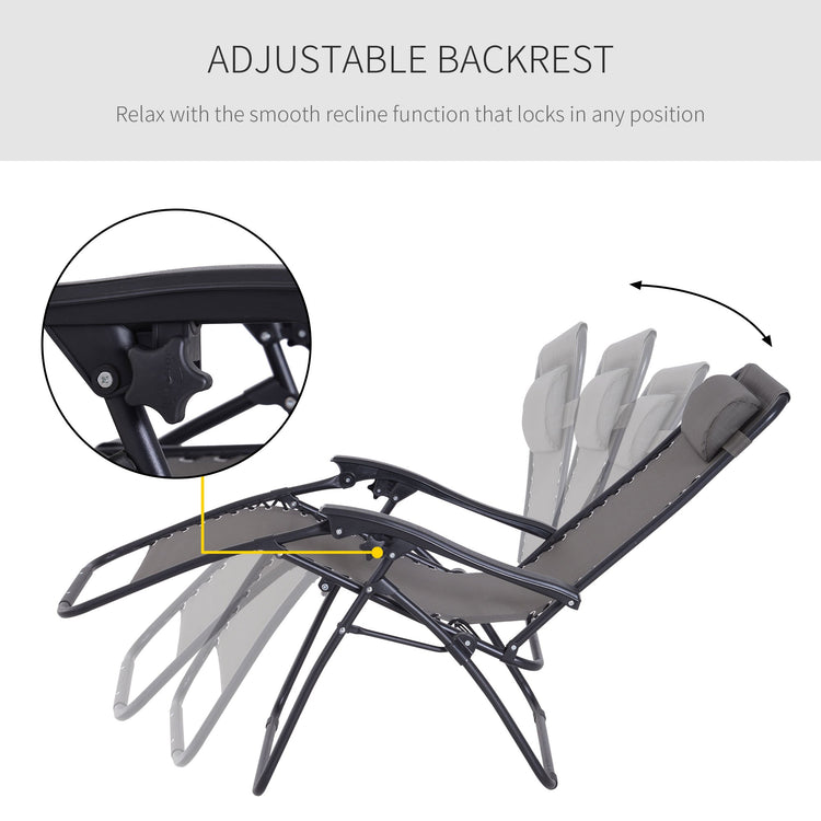 Outsunny Zero Gravity Chair Set of 2, Metal Frame Texteline Armchair Outdoor Folding and Reclining Sun Lounger with Head Pillow for Patio Decking Gardens Camping, Grey