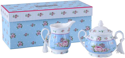 London Boutique Porcelain Sugar Bowl and Cream Milk Jug Shabby Chic Vintage Floral in Gift box (Cream & Sugar Set Rose Blue)