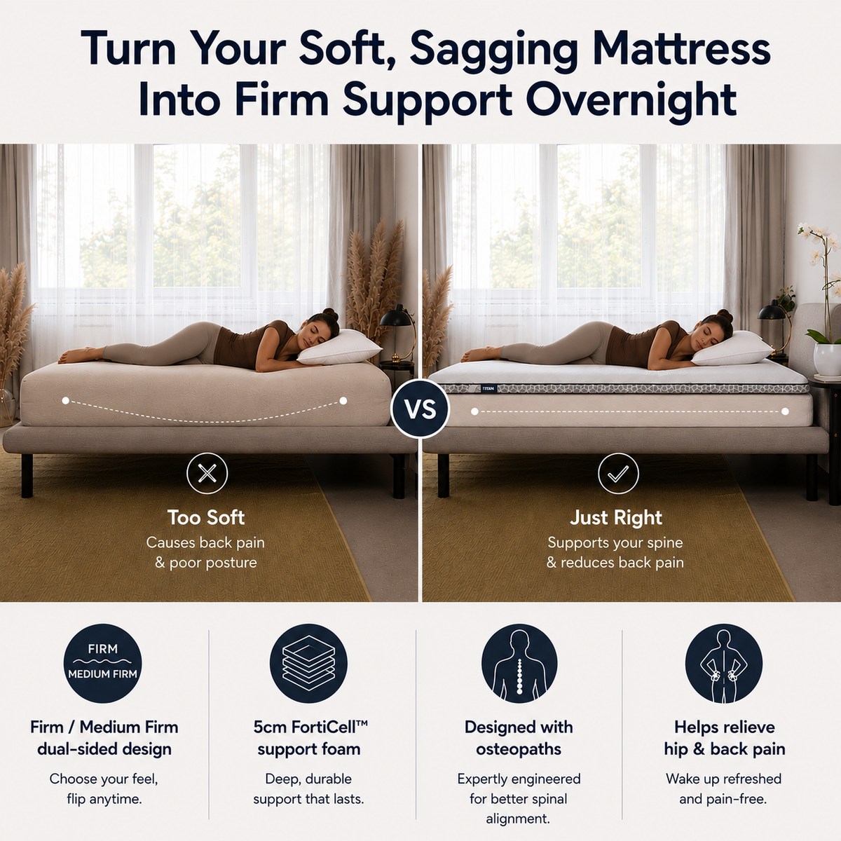 Brightr® Titan Mattress Topper | Firm & Medium Firm | 5 cm Reversible | Enhanced Back & Hip Support for Soft Mattresses