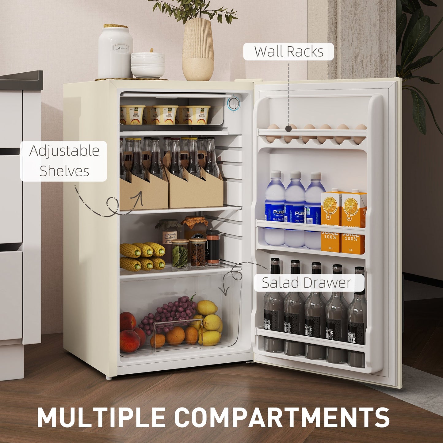 HOMCOM 91 Litre Freestanding Under Counter Fridge Freezer, Small Fridge with Chiller Box, Adjustable Thermostat, 47.5cm Wide, Beige