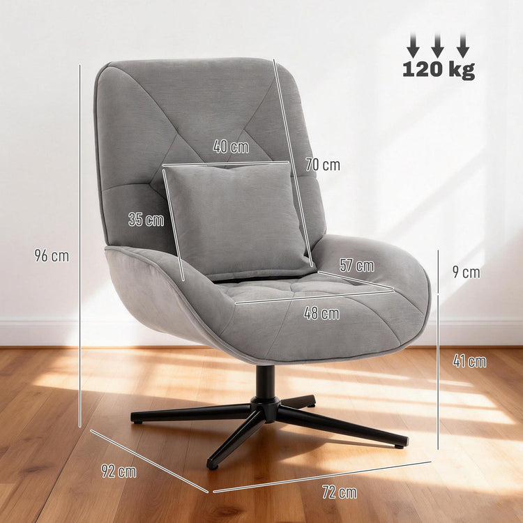 HOMCOM Accent Chair, Chenille Upholstered Swivel Armchair with Lumbar Pillow, High Back, Deep Seat and Metal Legs, Light Grey