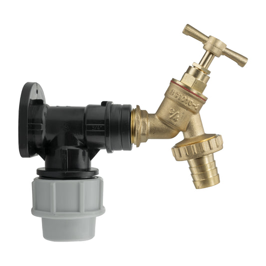 Wall Flange Kit 25mm MDPE - Brass Garden Tap 3/4" Barb