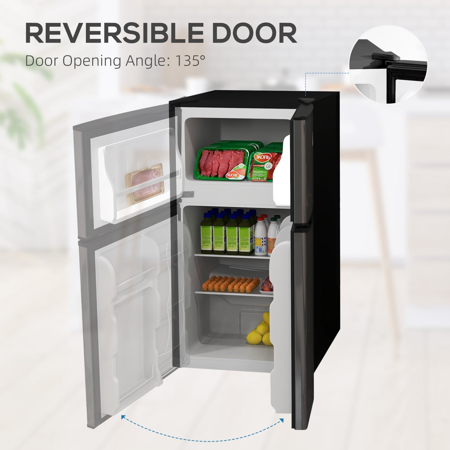 HOMCOM 88L Under Counter Fridge Freezer, Small Refrigerator with 5-Setting, 3 Star Freezer Rating, Black and Silver Tone