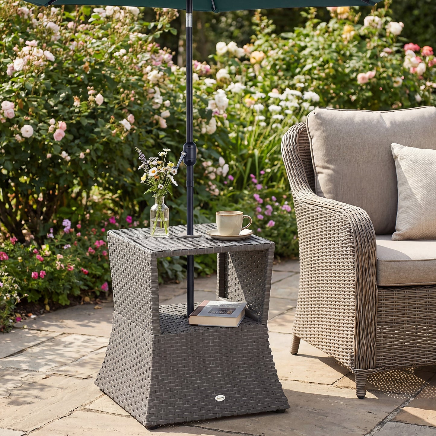 Outsunny Rattan Outdoor Coffee Table, Wicker Garden Patio Bistro Side Table with Umbrella Hole and Storage Space, Dark Grey