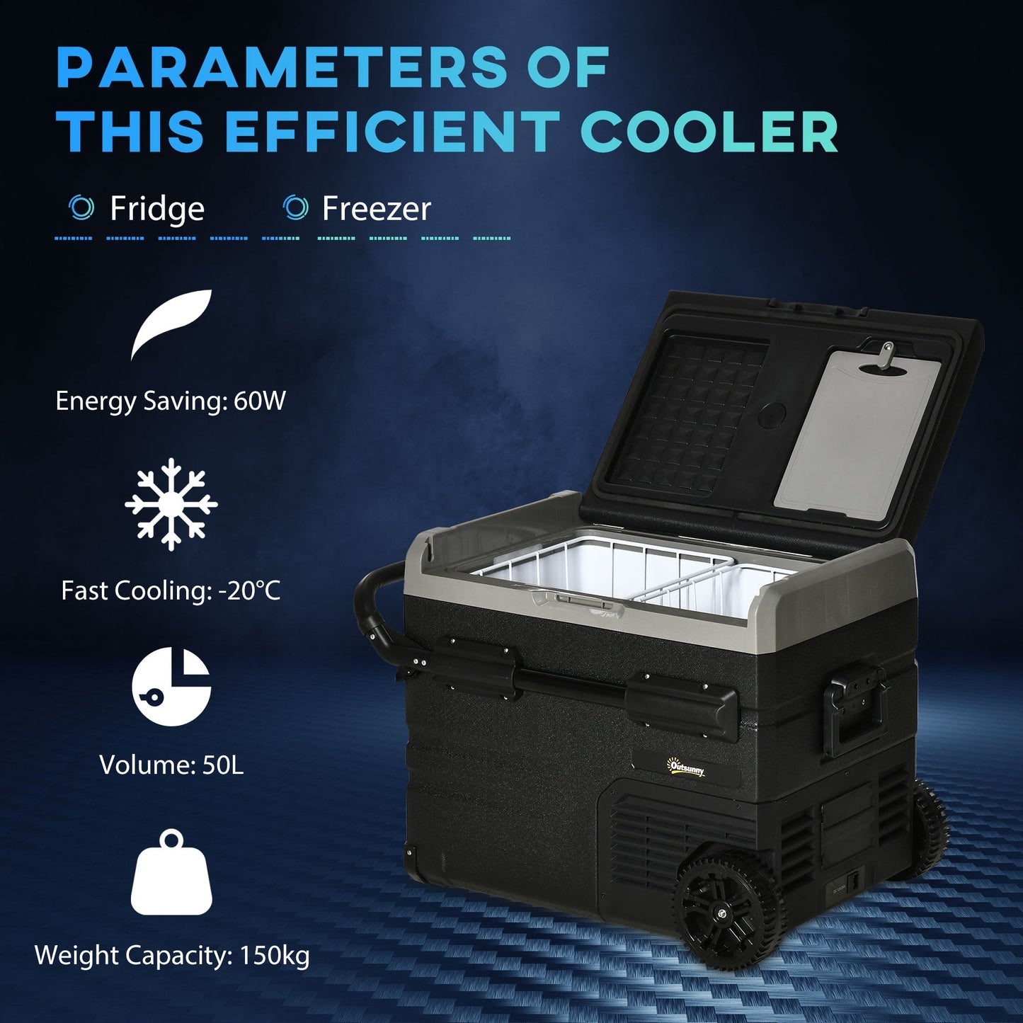 Outsunny 50L Car Refrigerator, Portable Compressor Cooler Box, Fridge Freezer w/ Inner LED Light, Foldable Handles, Cup Holders, 12/24V DC and 110-240V AC for Campervan RV Boat Travel Down to -20\'e2\'84\'83
