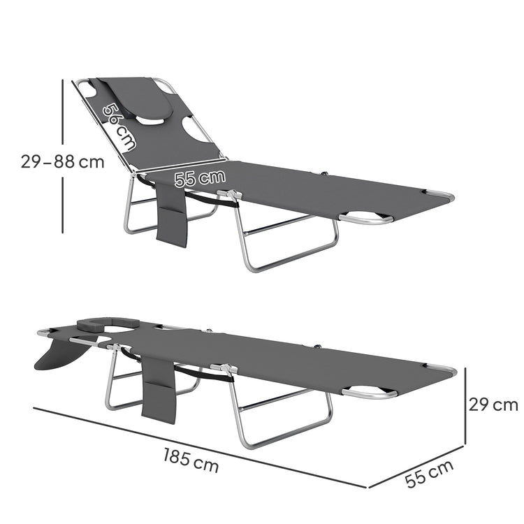 Outsunny Foldable Sun Lounger Set of 2, Beach Chaise Lounge with Reading Hole, Arm Slots, 5-Position Adjustable Backrest, Side Pocket, Pillow for Garden, Beach, Pool, Dark Grey