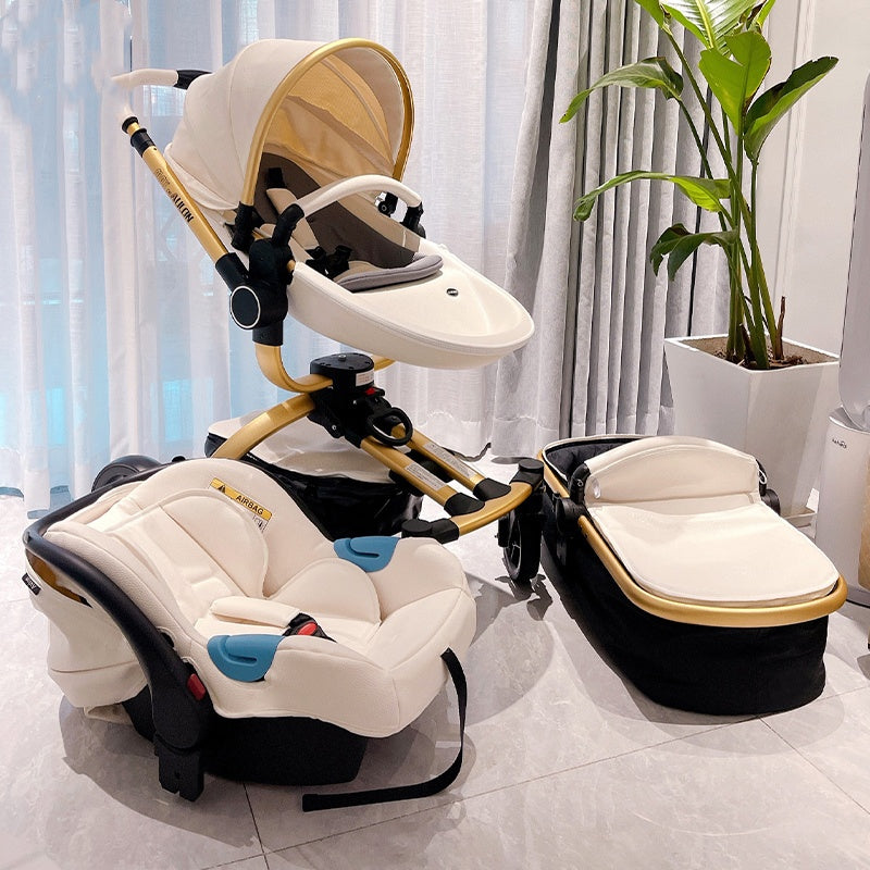 Luxury High-View Baby Stroller | 3-in-1 Pram with Sleeping Basket | Titanium Frame