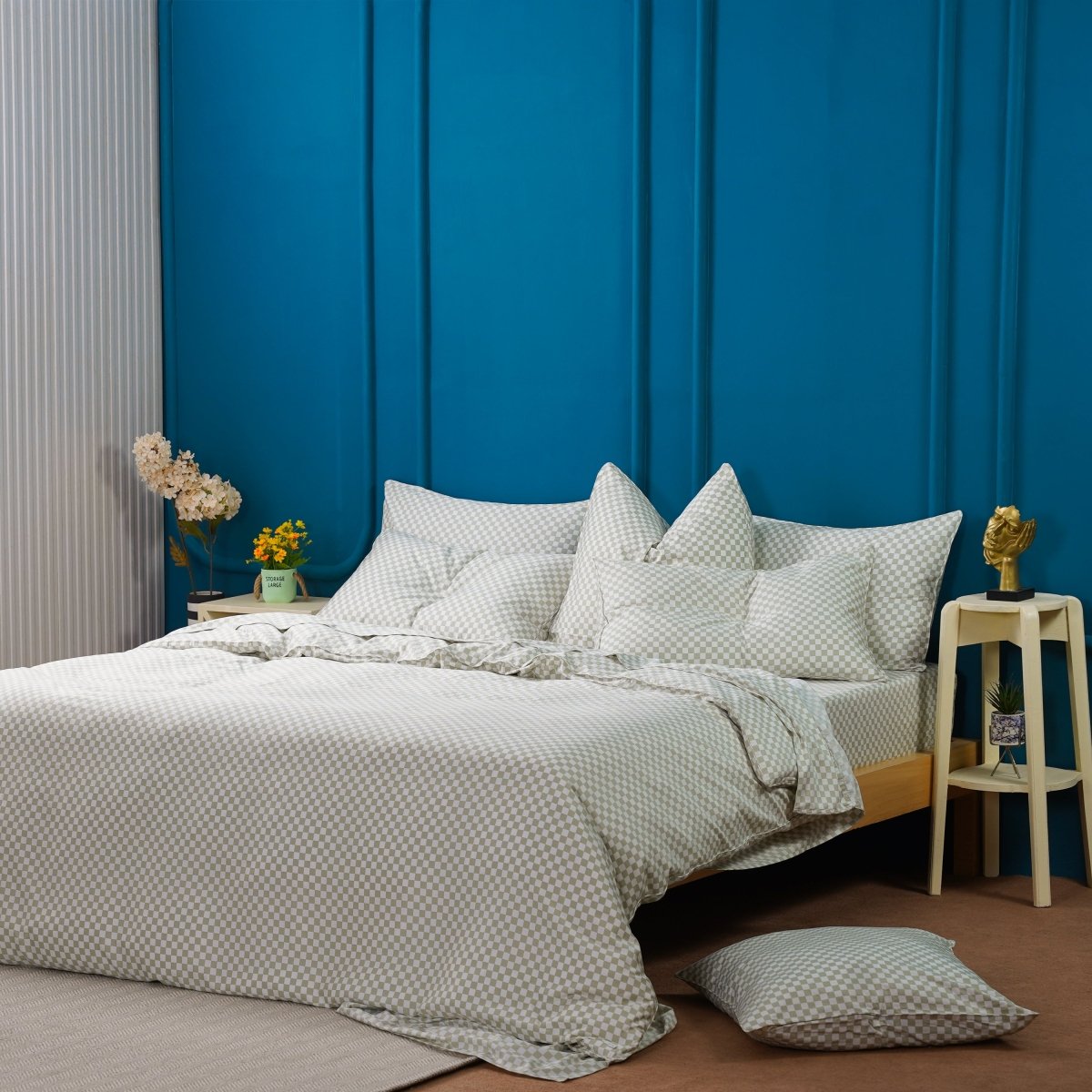 Ackly Bamboo Sage Green Checkered Duvet Cover Set