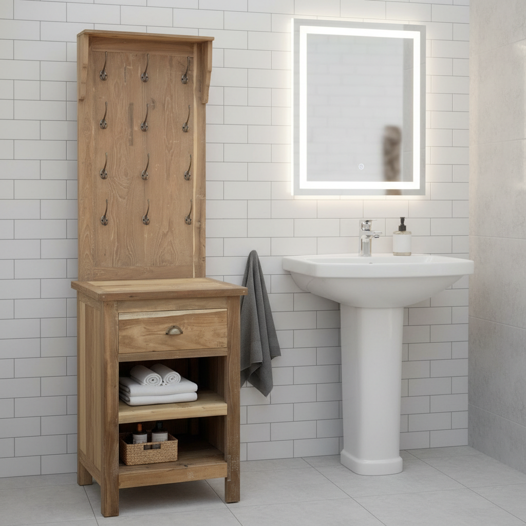 Recycled Teak Wood Hallway Bathroom Stand with Hooks and Storage 61×46×209cm
