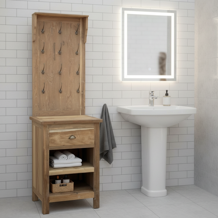 Recycled Teak Wood Hallway Bathroom Stand with Hooks and Storage 61×46×209cm