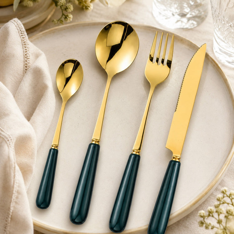 Aldermere 16-Piece Gold Cutlery Set – Forest Green