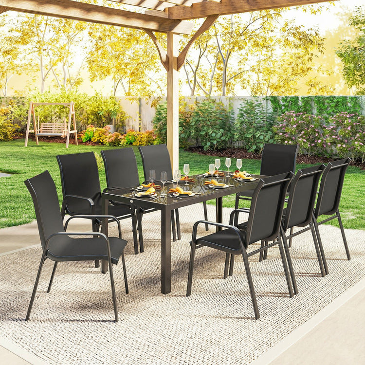 Outsunny 9 Pieces Garden Dining Set, Outdoor Table and Chairs Set for 8, Garden Furniture Set with Tempered Glass Top, Black