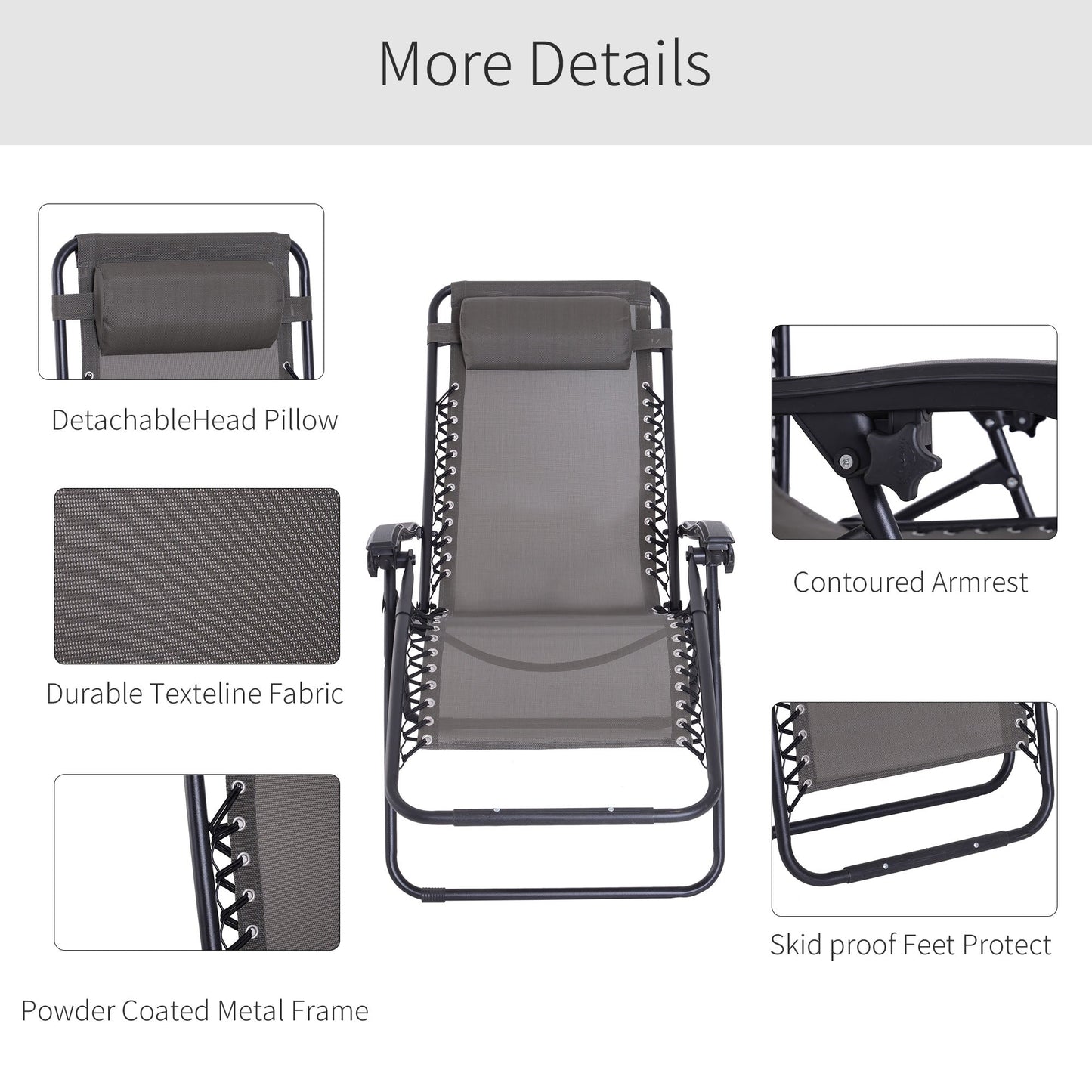 Outsunny Zero Gravity Chair Set of 2, Metal Frame Texteline Armchair Outdoor Folding and Reclining Sun Lounger with Head Pillow for Patio Decking Gardens Camping, Grey