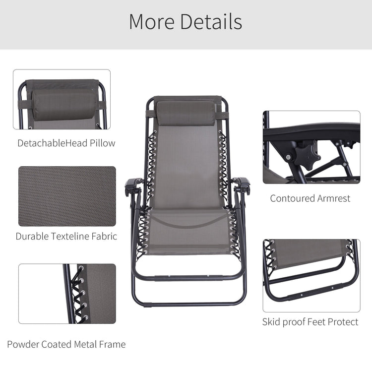 Outsunny Zero Gravity Chair Set of 2, Metal Frame Texteline Armchair Outdoor Folding and Reclining Sun Lounger with Head Pillow for Patio Decking Gardens Camping, Grey