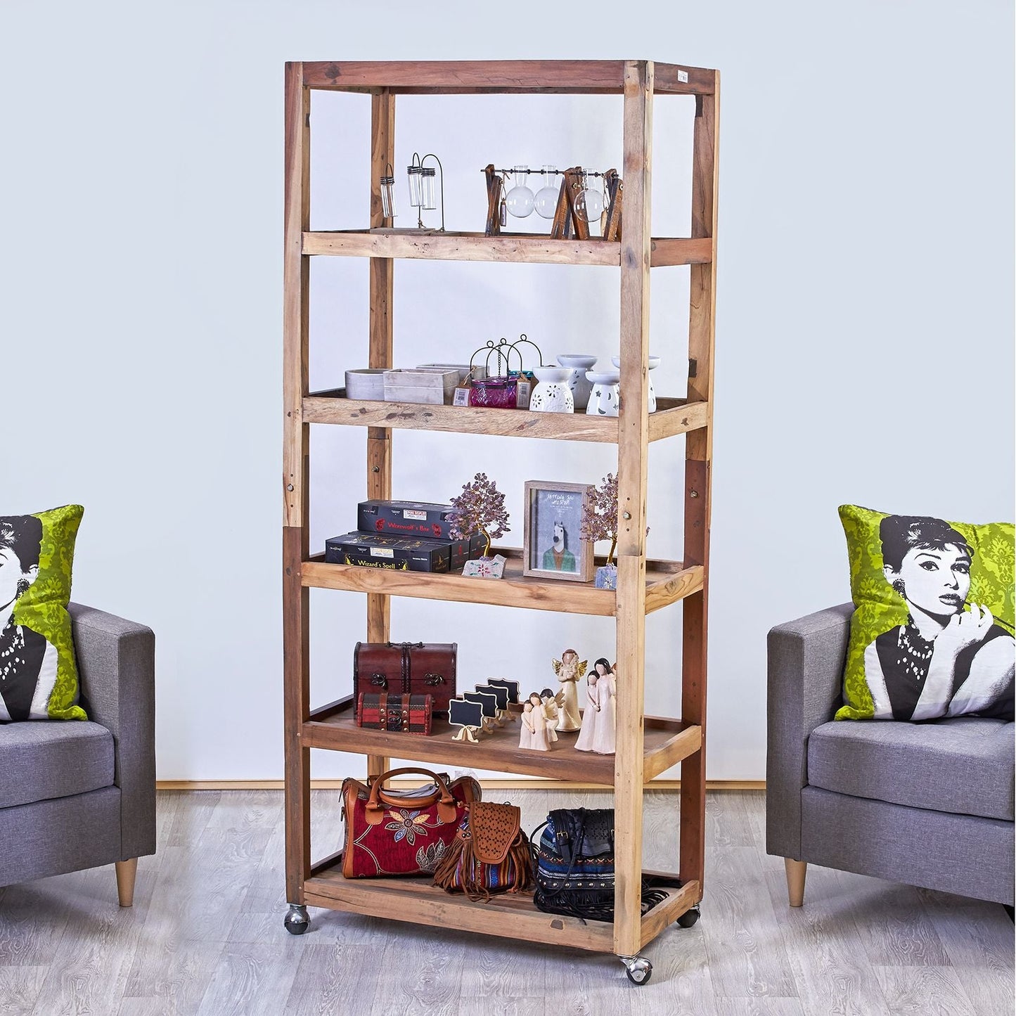 Recycled Teak Wood Six Shelf Display with Casters 79x37x180cm
