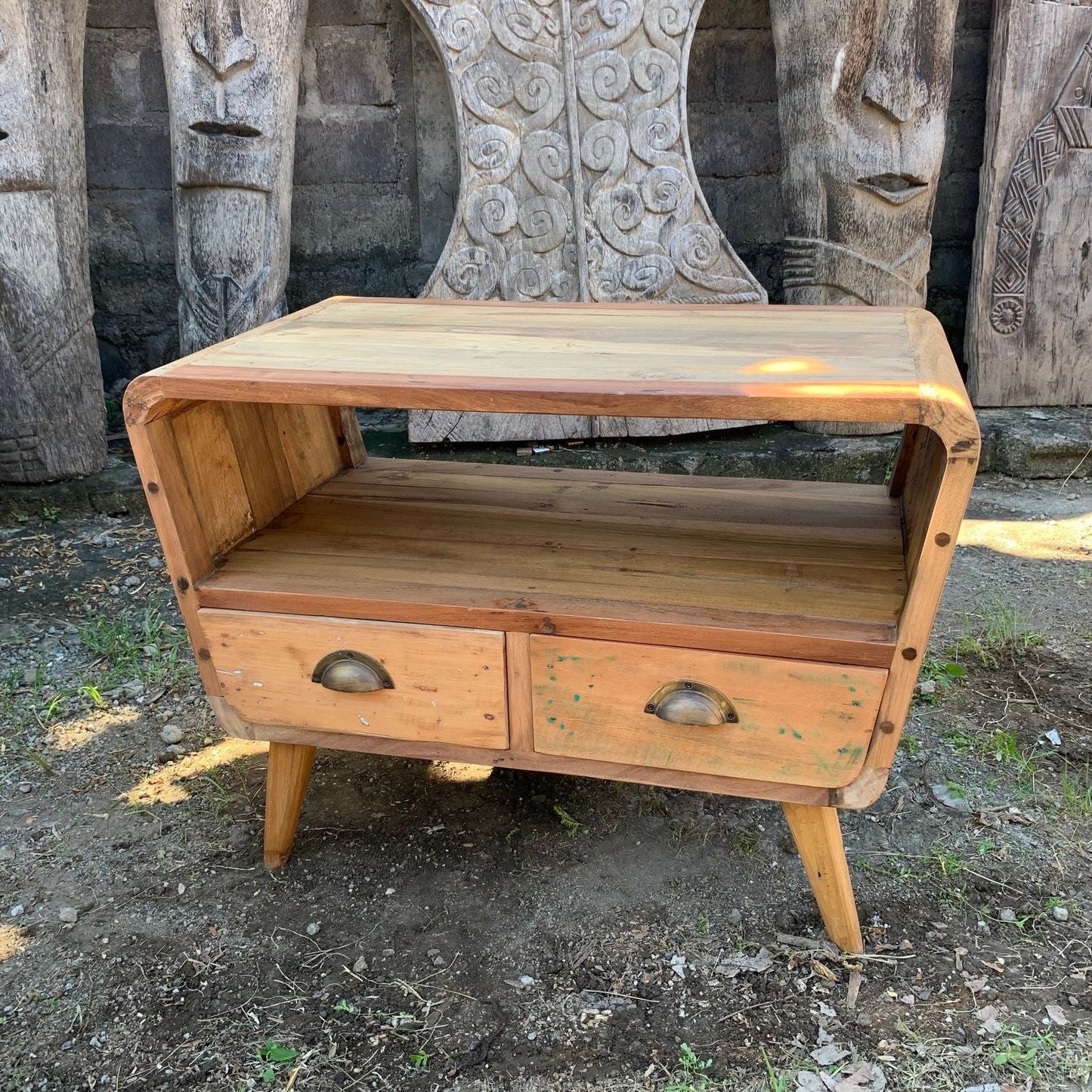 Recycled Teak Wood Small TV Stand with 2 Draws Round Length 81x49x41cm