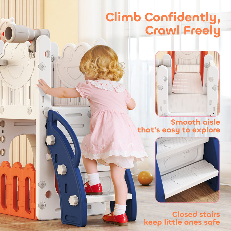 AIYAPLAY 7 in 1 Toddler Slide Set with Basketball Hoop, Climbing Frame, Telescope, Drawing Board, Storage Box, Orange