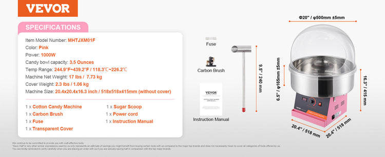 VEVOR Electric Cotton Candy Machine 1000W Candy Floss Maker Commercial Cotton Candy Machine Stainless Steel Bowl and Sugar Scoop